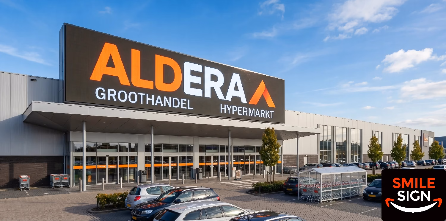 Hypermarket entrance canopy displaying massive custom illuminated signboards and outdoor corporate signage