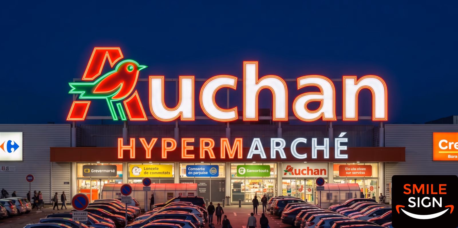 Frontlit illuminated 3D channel letters and logo for Auchan hypermarket storefront by Smile Sign