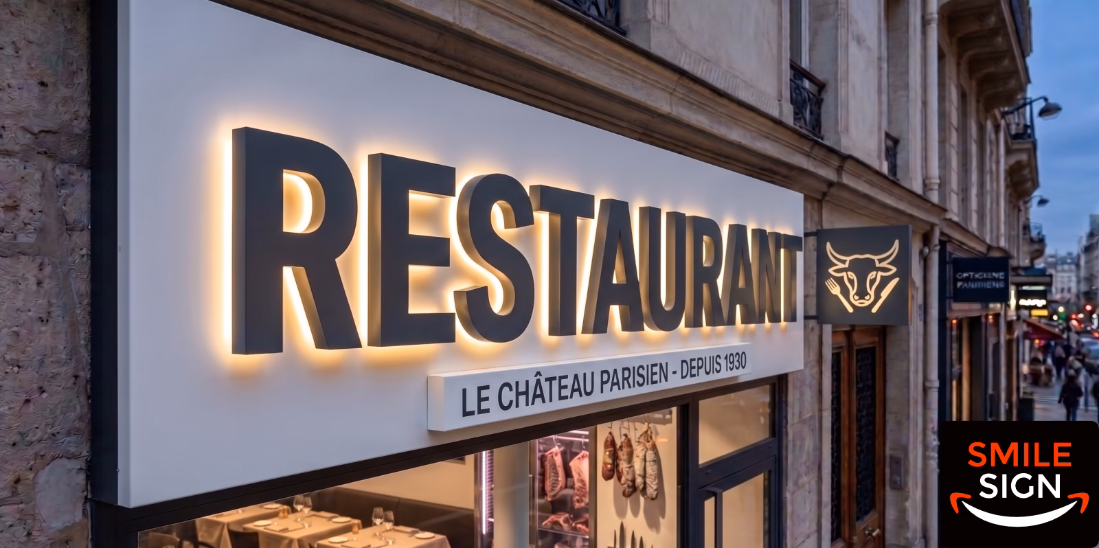 Backlit halo-lit 3D channel letters for RESTAURANT storefront by Smile Sign