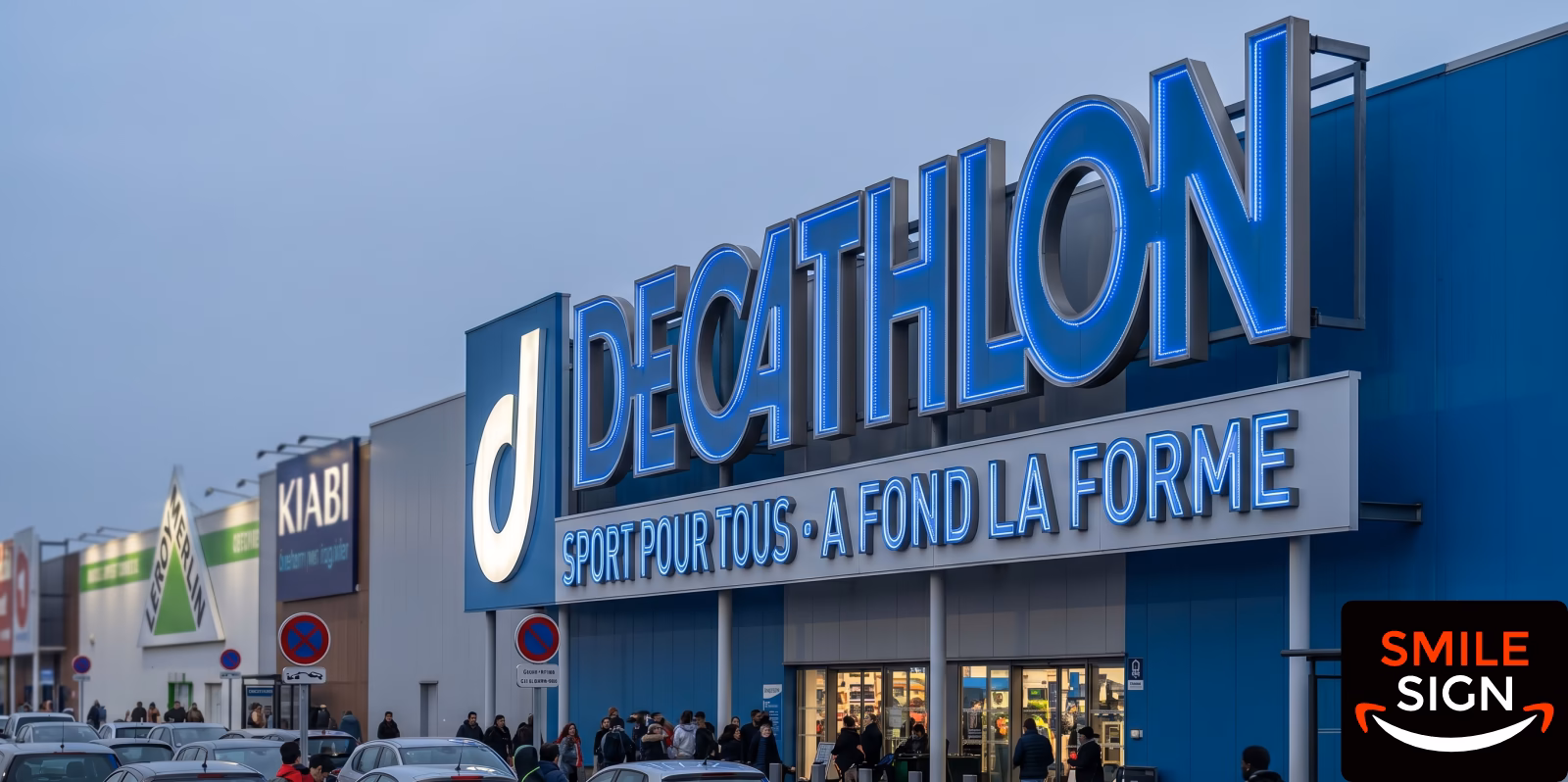 Large outdoor retail facade 3D channel letters DECATHLON signage by Smile Sign