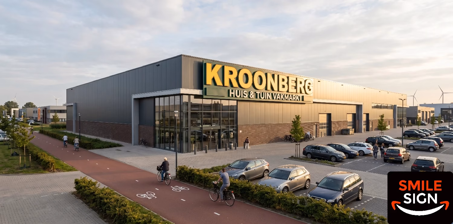 Industrial commercial building facade featuring outdoor illuminated signboards and custom 3D letters for architects and agencies