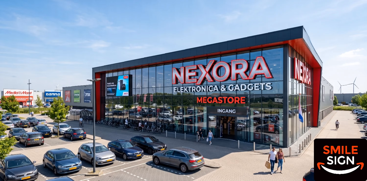 Modern megastore glass facade fitted with large scale illuminated retail signboards and custom built LED letters