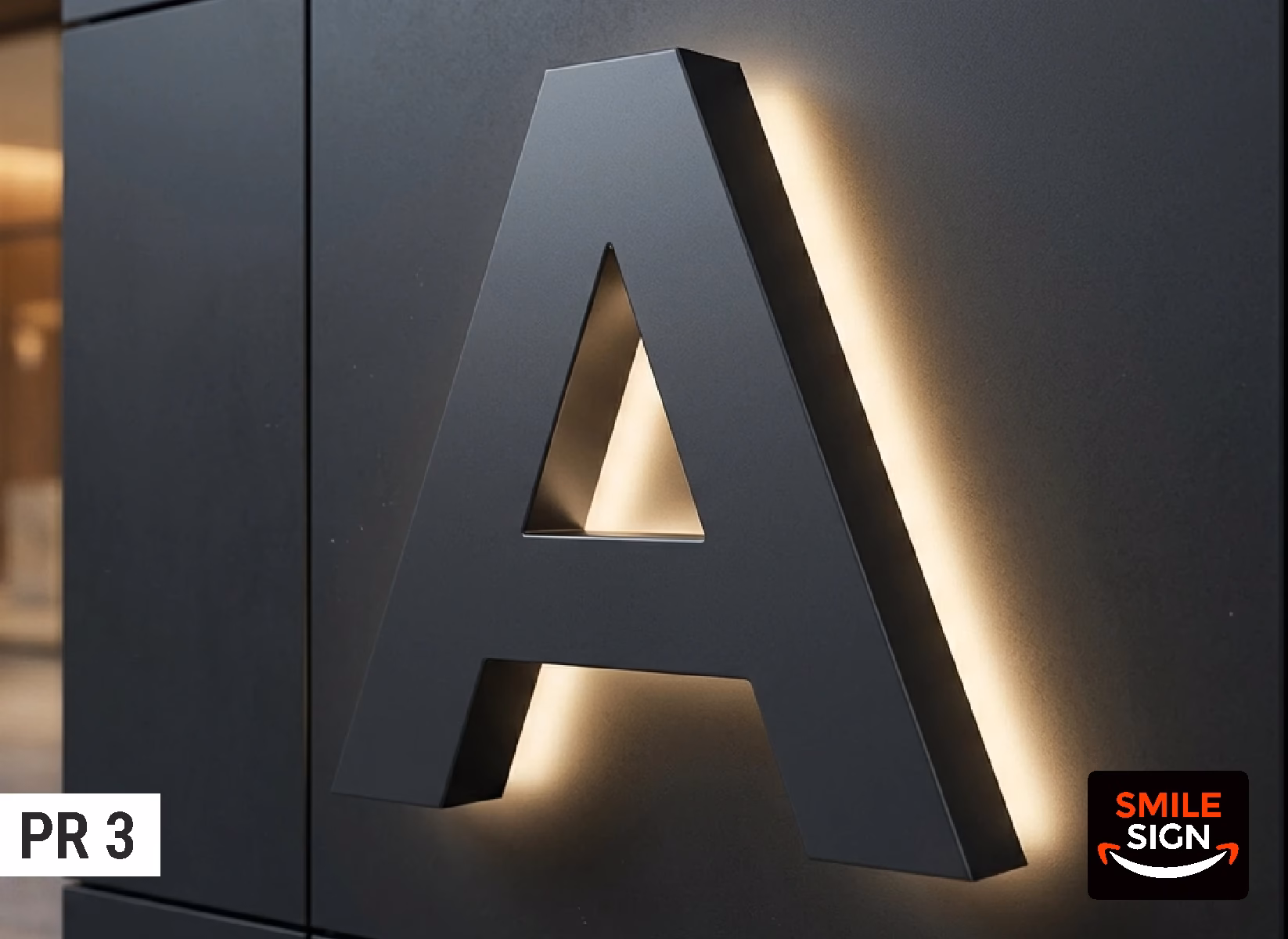 Profil 3 halo-lit channel letters with elegant reverse backlit effect on a dark architectural wall, fabricated by SMILE SIGN.