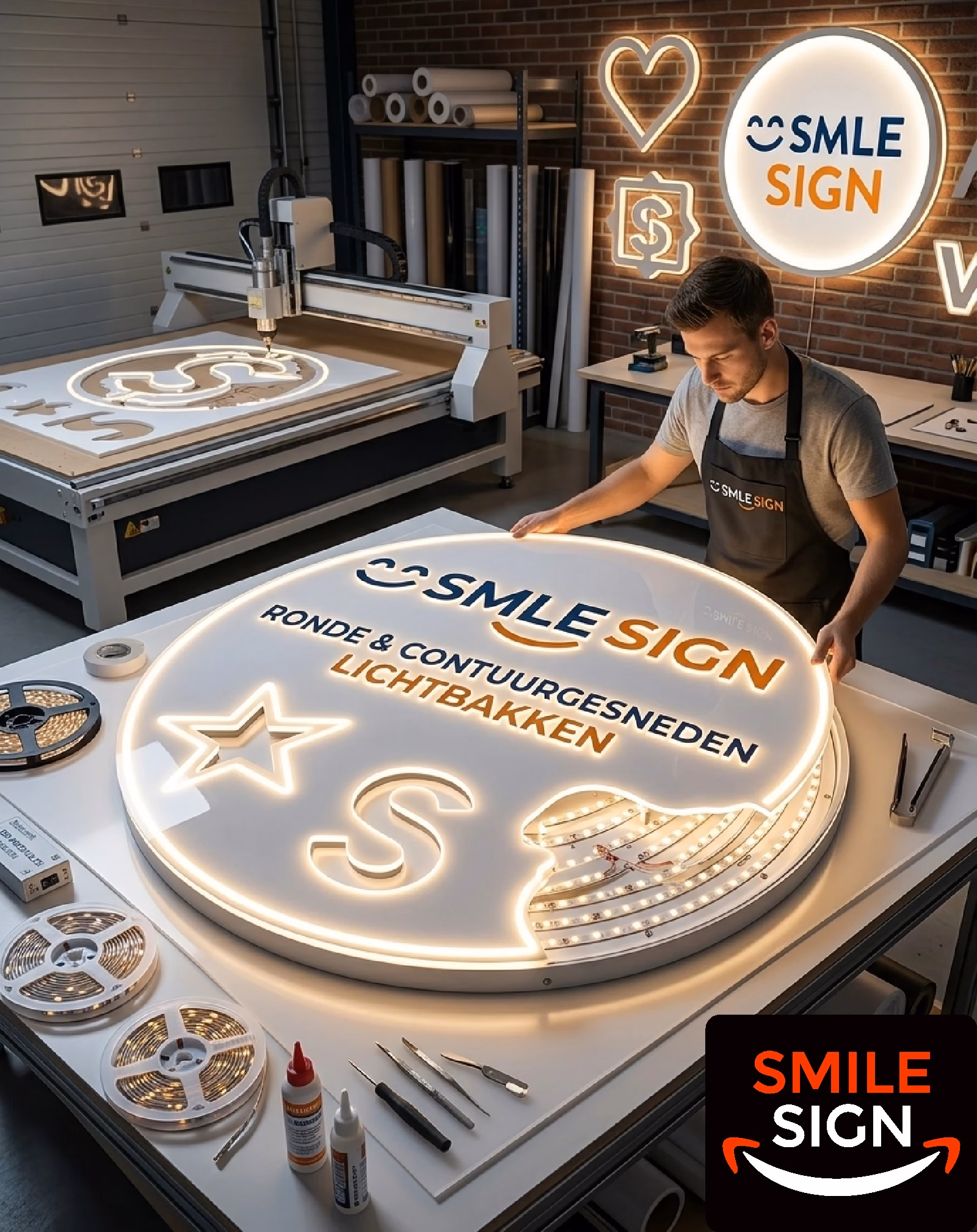 Custom round and contour-cut illuminated lightbox manufacturing at Smile Sign factory