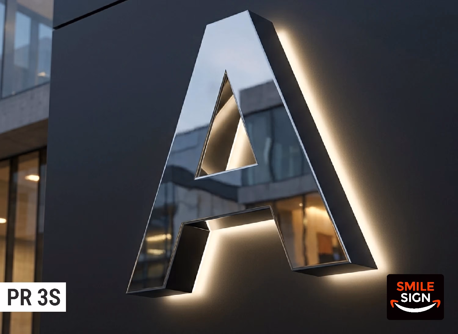 Profil 3S mirror-polished stainless steel channel letters with backlit halo illumination, custom fabricated by SMILE SIGN.