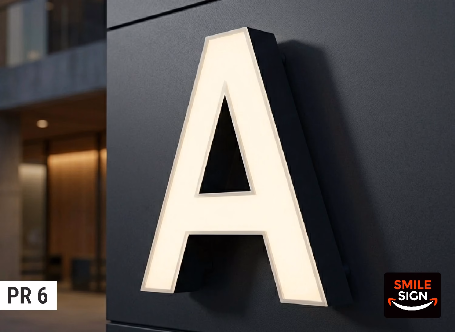 Profil 6 trimless channel letters with a painted aluminium body and luminous acrylic front face, manufactured by SMILE SIGN.