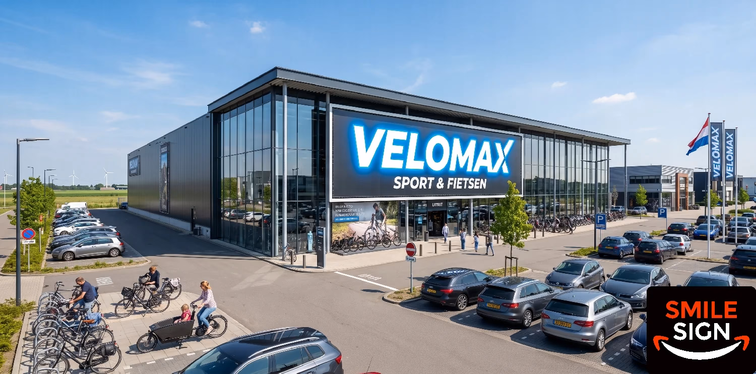 Large-scale retail showroom storefront with a custom front-lit illuminated signboard manufactured for trade shops